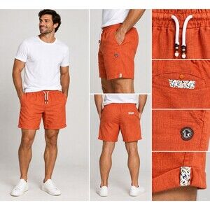 Benson Cherry Mens XXL Orange cotton linen Shorts Elastic Waist Drawstring Casua